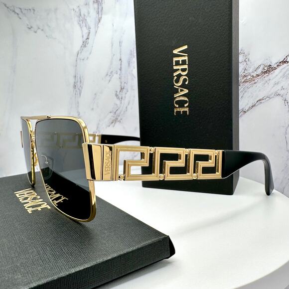 New VERSACE Sunglasses Gold Metal Greca Logo Rectangle Black Gray - Picture 5 of 16